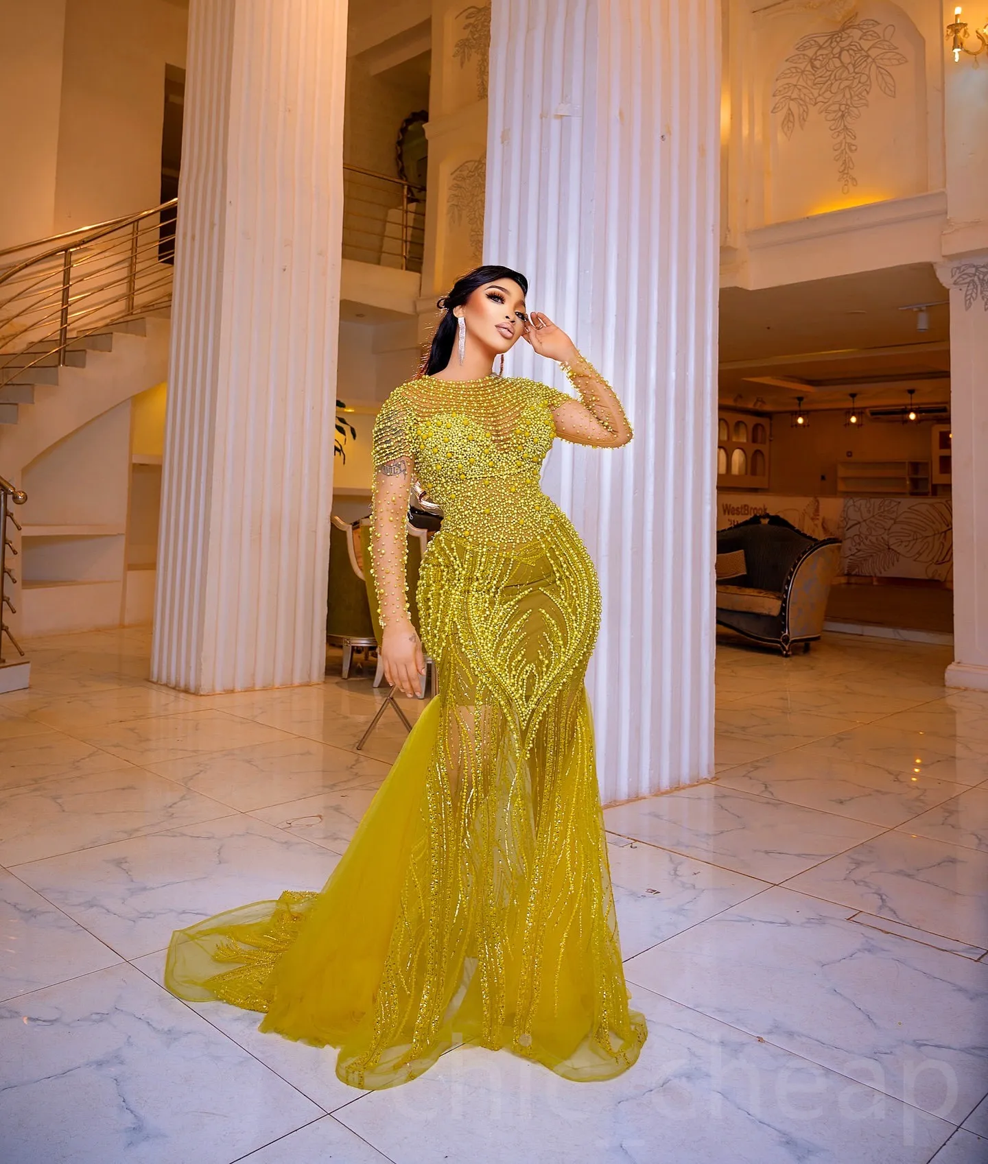 green emerald velvet dress Luuvis Sexy Sparkly Gold Mermaid Long Beaded Prom Dress With Split main image 0