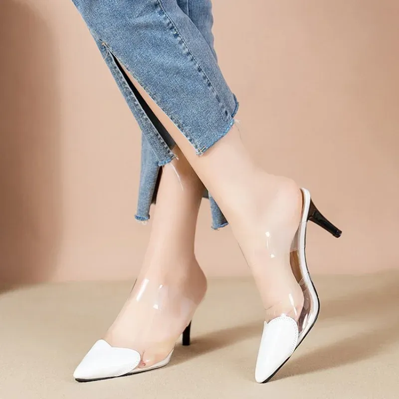 Pointed Toe Heels: Transparent Slim Heel Fashion Slippers Elegant