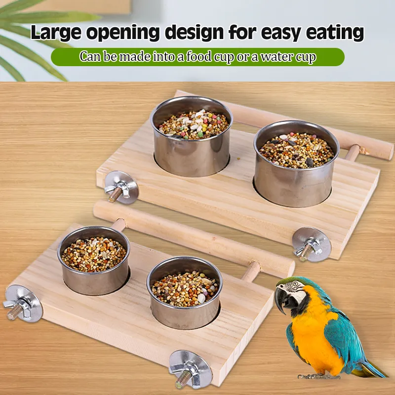 2-in-1 Bird Feeder with Perch: Stainless Steel Cups Wooden