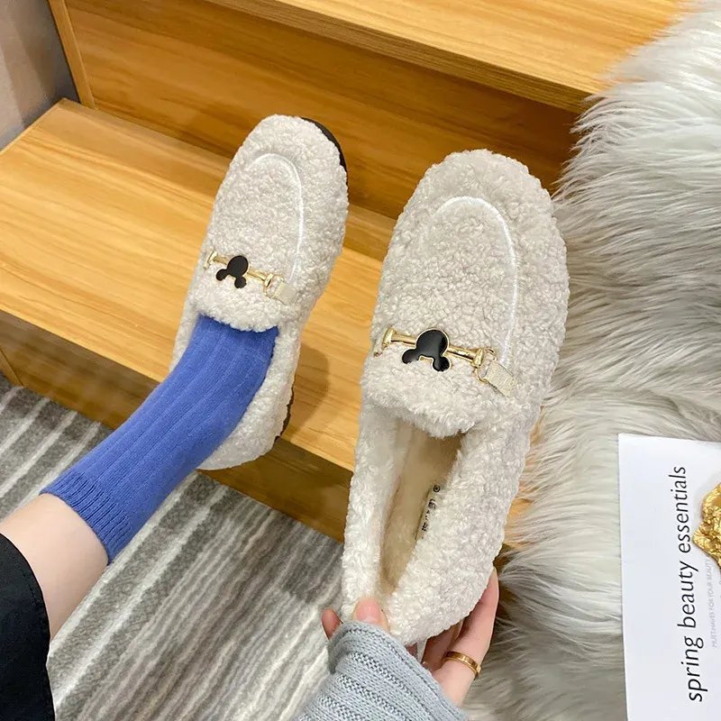 Winter White Wool Lined Flats Ladies Buckle Loafers Plush 