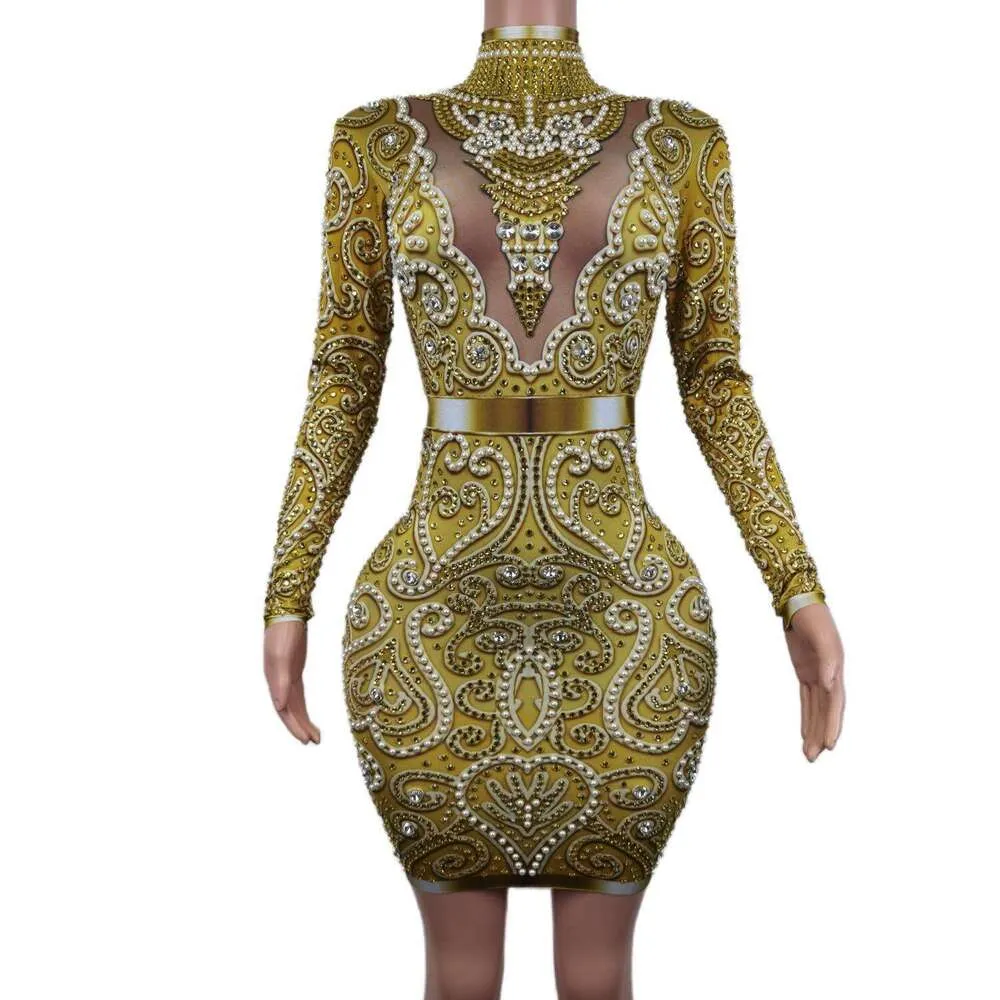 Sexy Sparkly Pearl Rhies Gold Spandex Short Women Long Sleeve Birthday Party Outfit Singer Stage Show Slim Fit Dress
