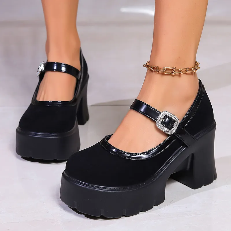 Crystal Buckle Platform Pumps: Chic Round Toe Mary Janes, Shop Now