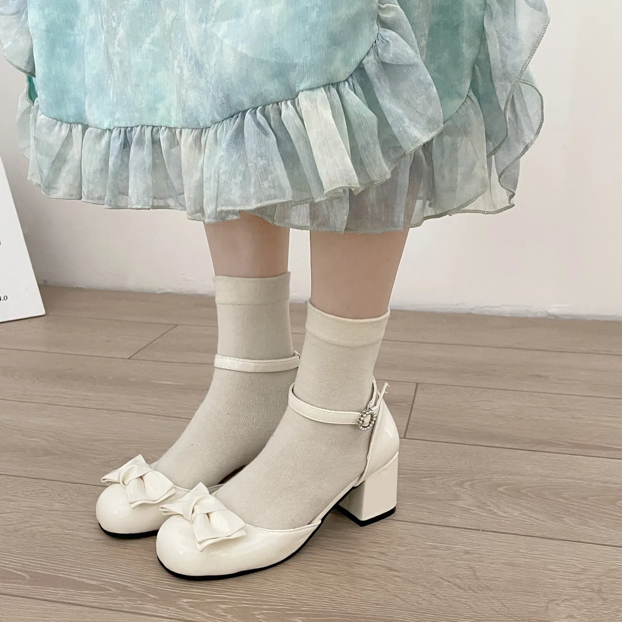 「MUVEIL×Offen」round-MARYJANE 37 Mid High Heels Round Toe Bowknot Vintage Pumps Mens Women