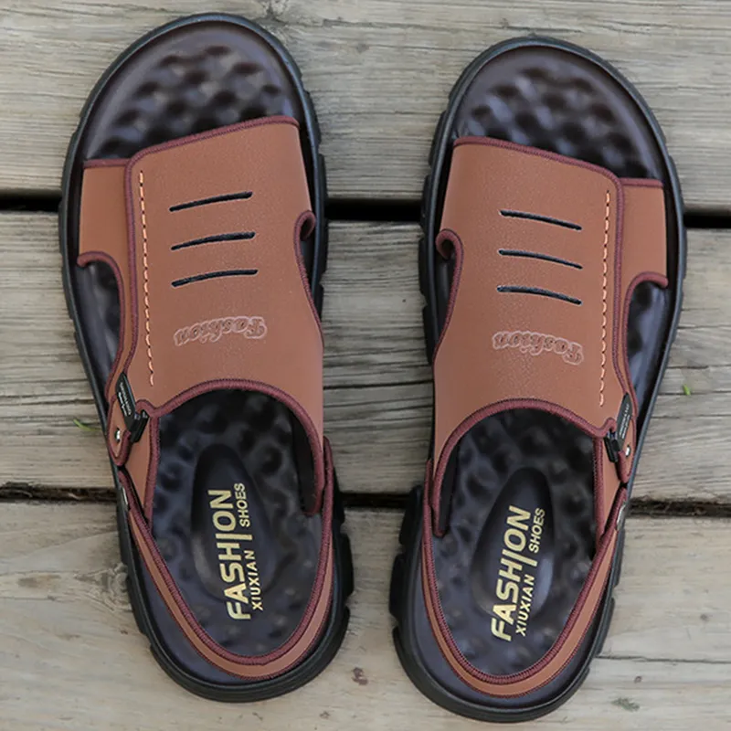 thumbnail image 2 of VOODUE Men's Leather Sandals - Breathable Summer Beach Slippers Outdoor Shoes 2 of 12