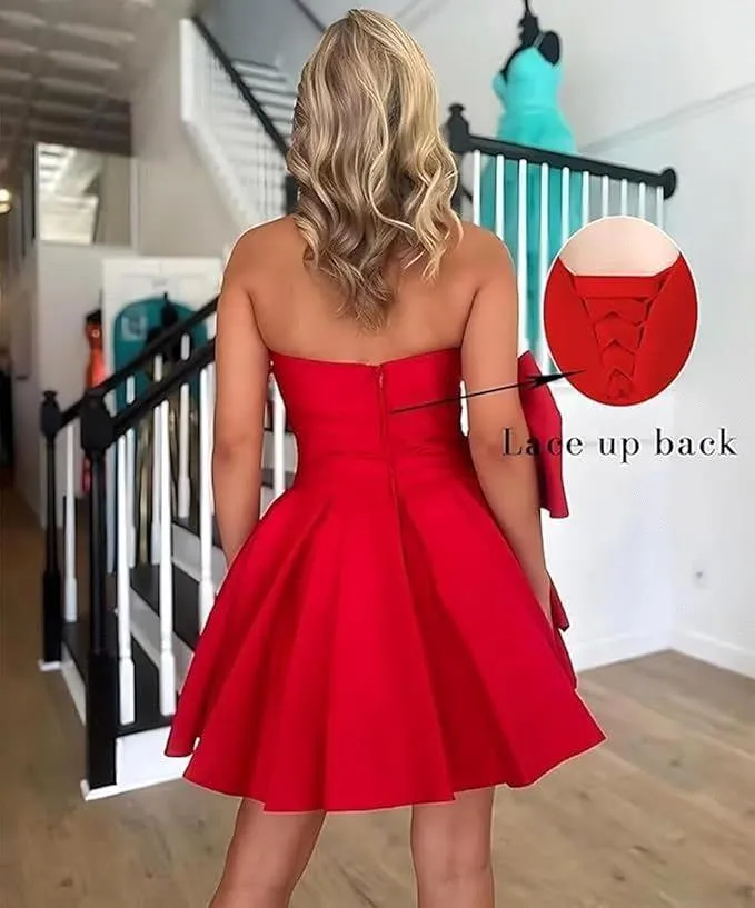 2024 Elegant Strapless Satin Pleated Midi with Lace Double Bow Homecoming Dress Bm3224 0213
