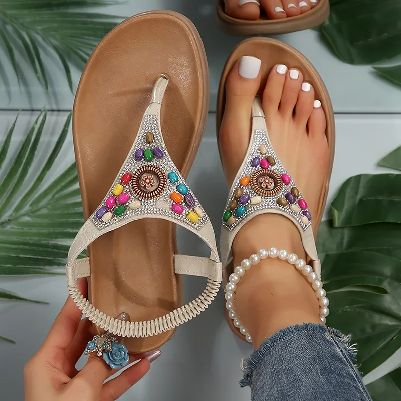 Save Big on Bulk Women Bohemian Flat Sandals Rhinestone Gladiator Sandals  Women's Beaded Bohemian Flat Sandals Summer Clip Toe Non Slip White