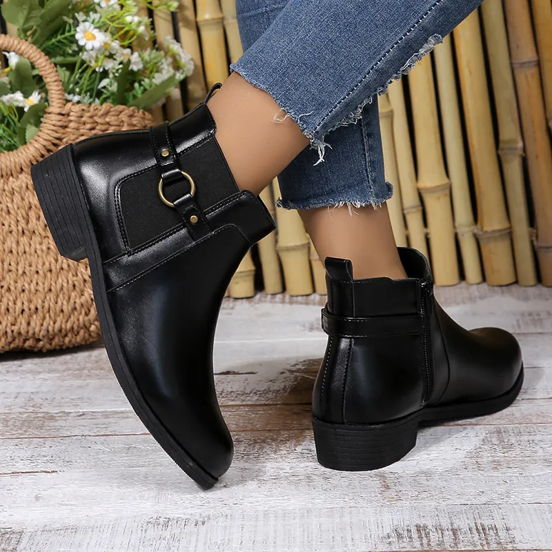 Black Leather Platform Ankle Boots: PU Classics Thick Heel  display picture 2