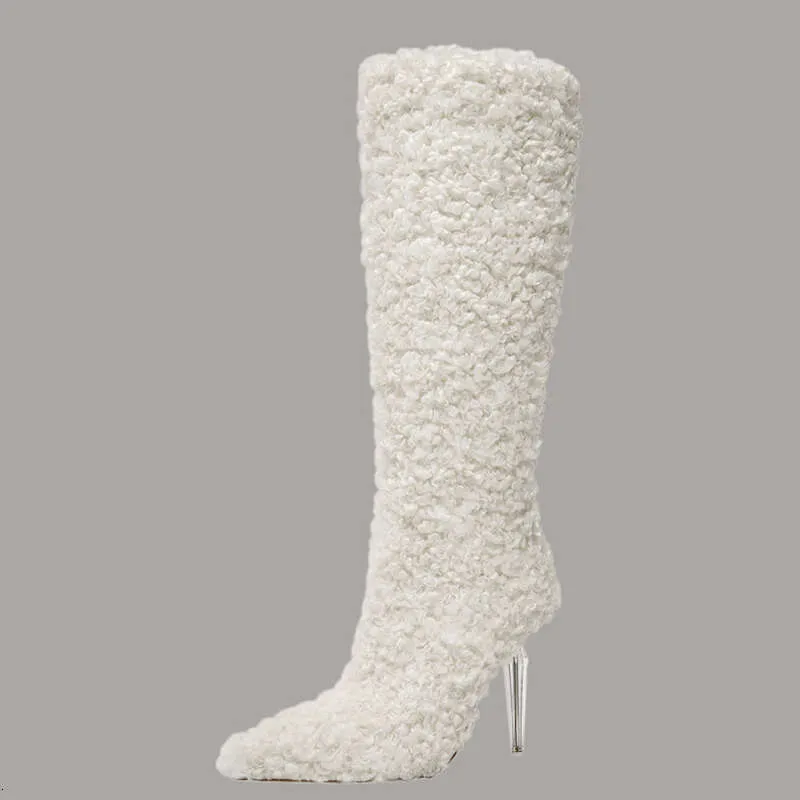 Winter Womens Clear Crystal Heel Fur Knee High White Thigh High Boots With Pointed Toe Side Zipper And Wide Feet Size 46 From Factory Topshoes0666 Bulk 69.73 DHgate.Com