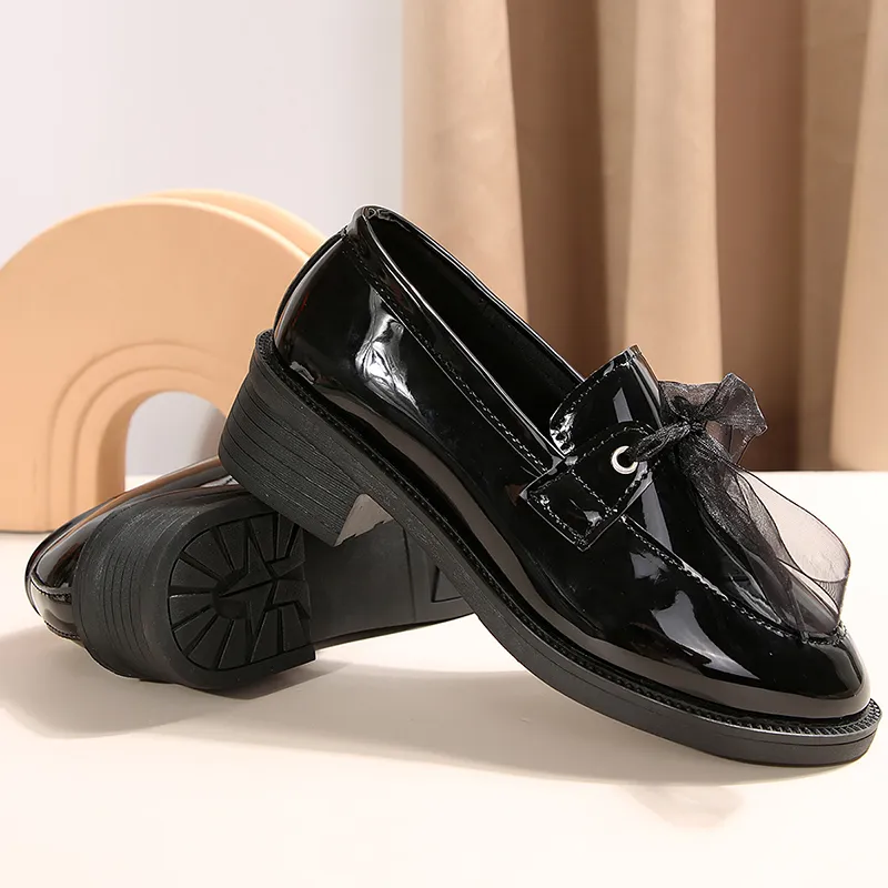 フラットシューズ ^fri fla^ ljh7092 stud ribbon platform loafer black 5011196 Comfortable Patent Leather loafers for women with Lace-Up