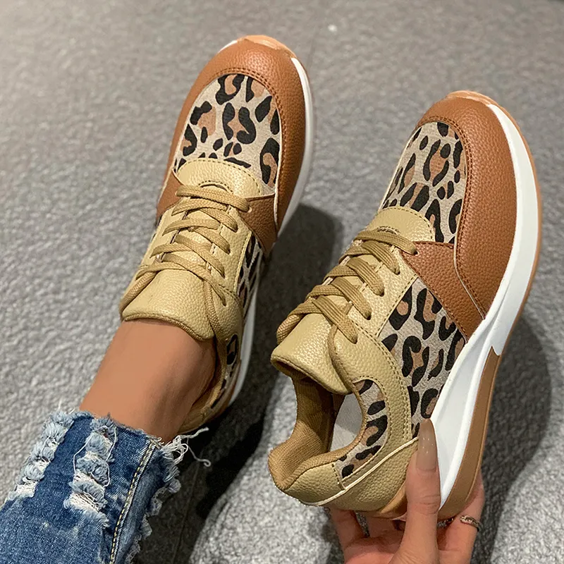2024 Leopard Print Wedge Sports Shoes for Women Lightweight Platform Sneakers Plus Size 43