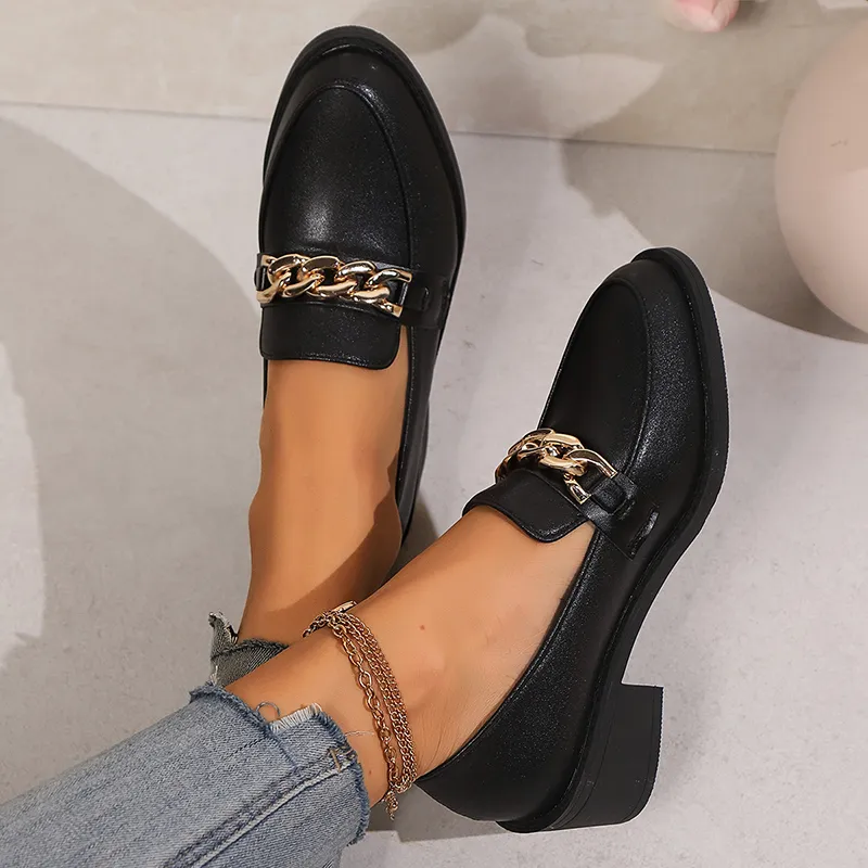 Metal Chain High Heels Black Pu Leather Loafers for Women