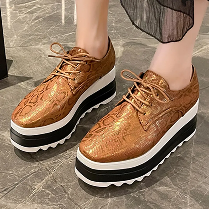 Women's Gold Rimocy Pu Leather Brogue Platform Shoes Chunky Heel, Square  Toe, Lace Up, Big Sizes