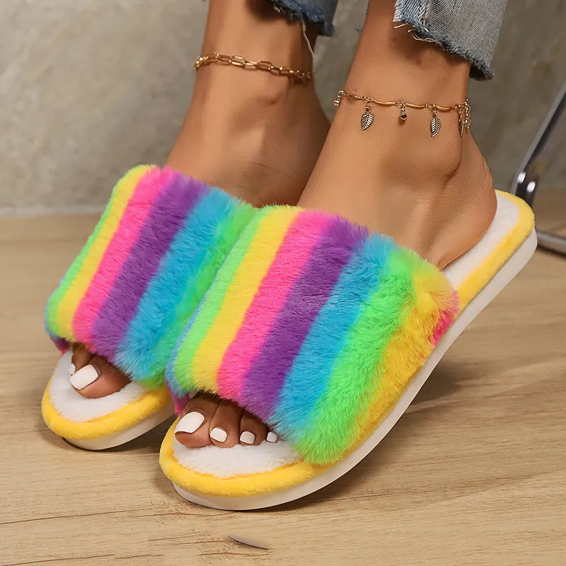 Lucyever Fashion Rainbow Fuzzy Womens Slippers 2024 Open Toe Soft