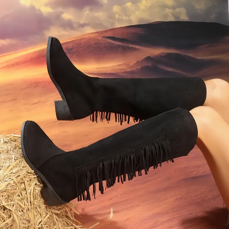 Womens Brown Retro Cowboy Boots with Tassel Design, Knee-Length