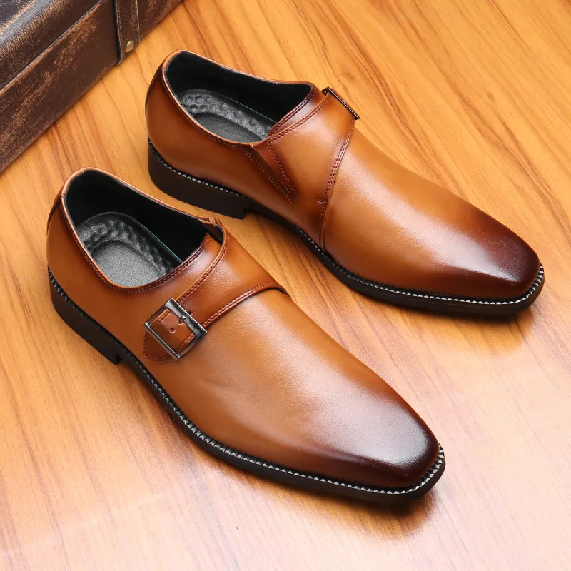 Premium Mens Leather Dress Shoes: Square Toe Buckle Slip-Ons