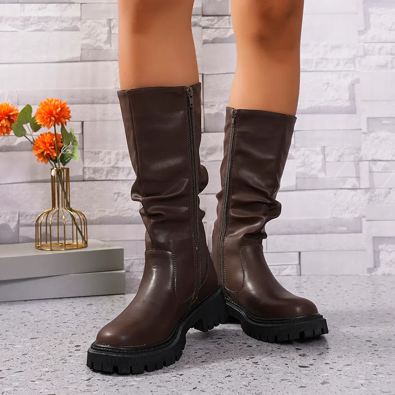 Womens Pleated Pu Leather Knee High Amazon Boots For Women Warm Flat Heel Motorcycle Amazon Boots For Women With Non Slip Platform For Autumn Winter From Factory Dh1100287248 Bulk 28.77 DHgate.Com