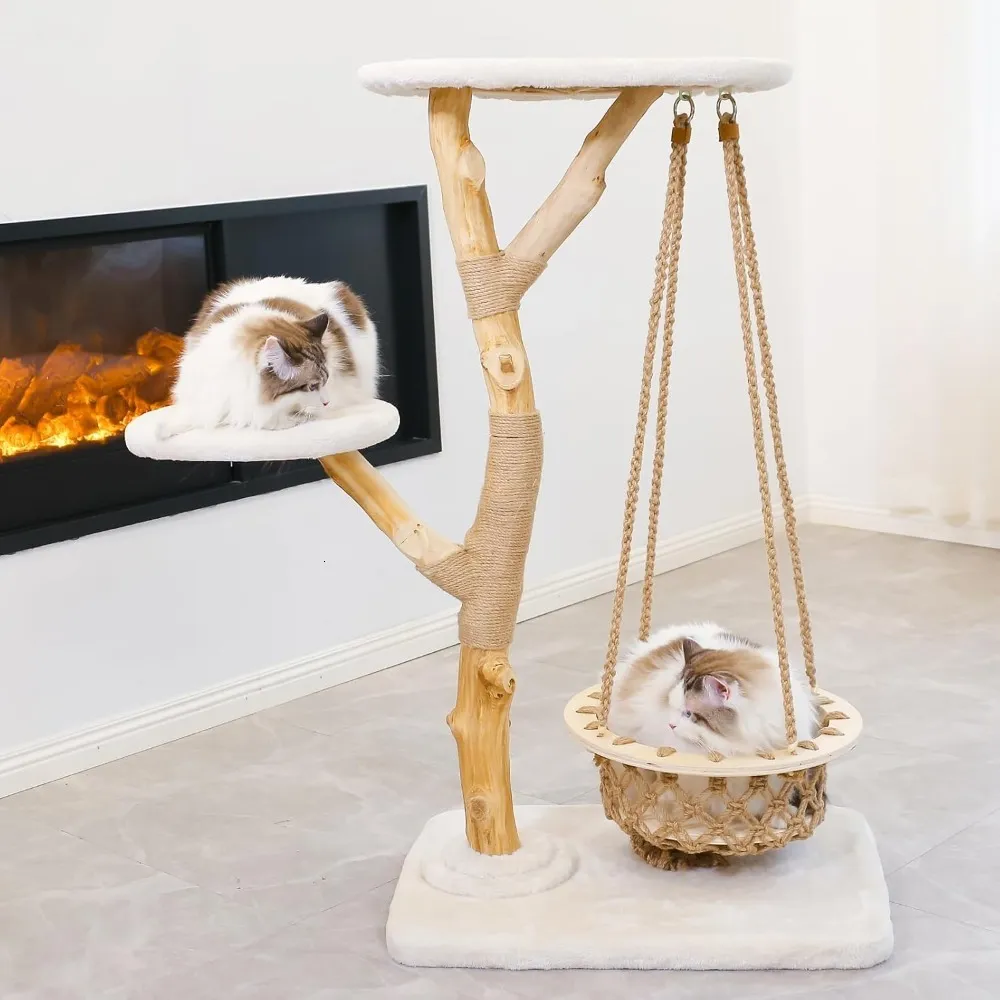 Modern Wooden Cat Tree Condo Large Cat Tower, Washable Cushions,  Mid-Century Cat Furniture with Unique Swinging Hammock