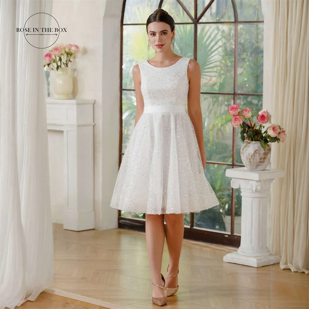 Sparkling Sleeveless A-Line Sequin midi wedding dress for Brides - Knee Length Summer Bridal Gown with Lace-Up Back (2024)