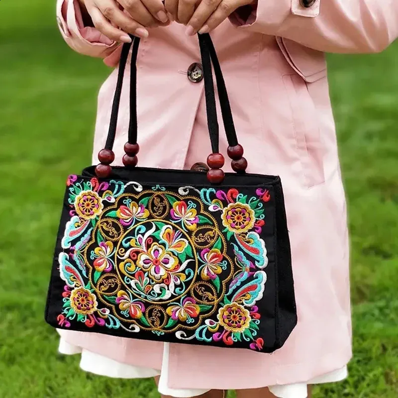 Goodhan Embroidered Canvas Handbag - 3-Layer Crossbody Bag With Adjustable Strap, Multi-Color Design