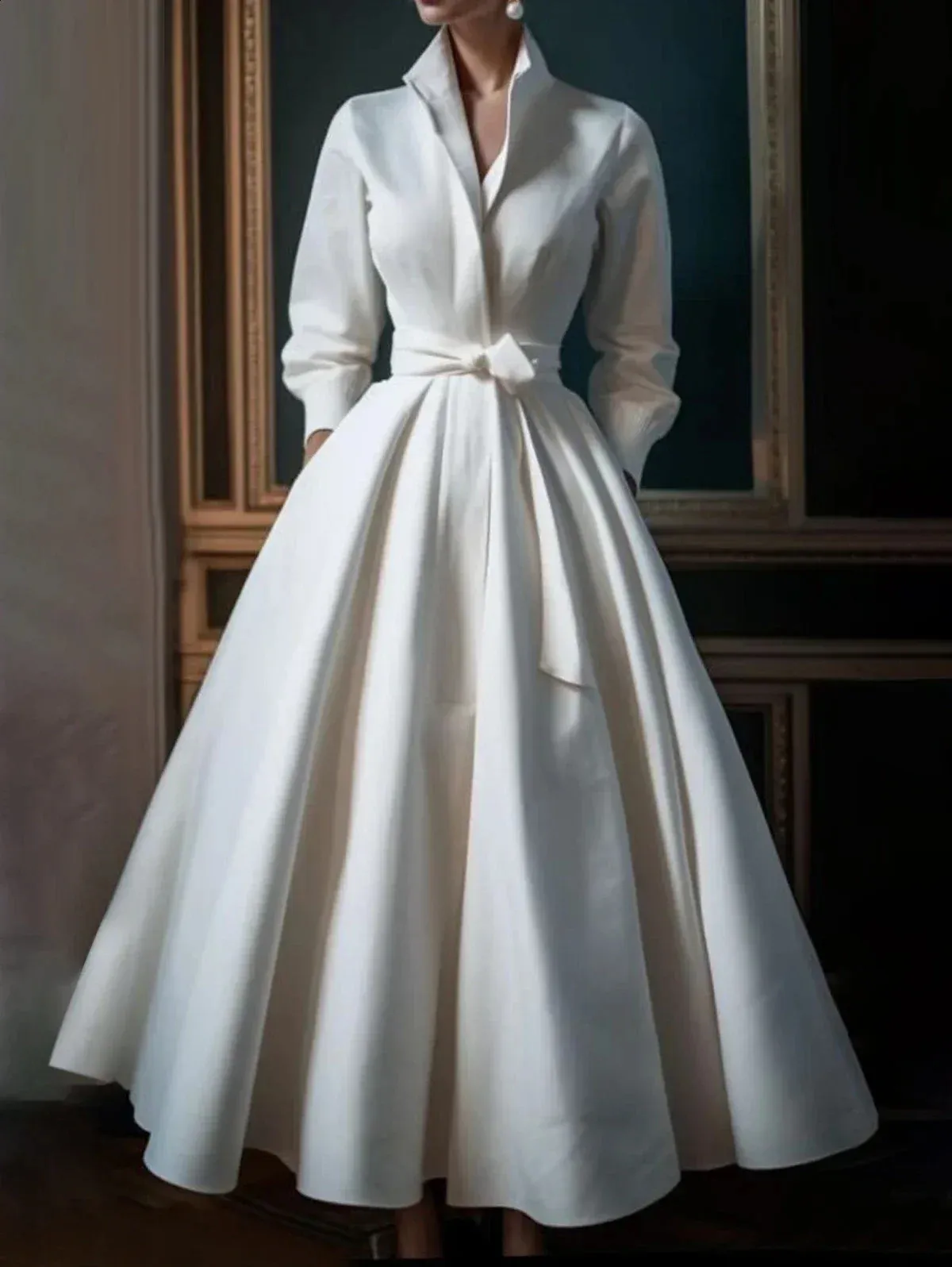 Minimalist White A Line Pleated Wedding Guest Tea Length Wedding Dress With Long Sleeves And Stand Up Collar Womens Elegant Shirt Tea Length Wedding Dress Blet 240906 From Longda01 41.2 In Bulk
