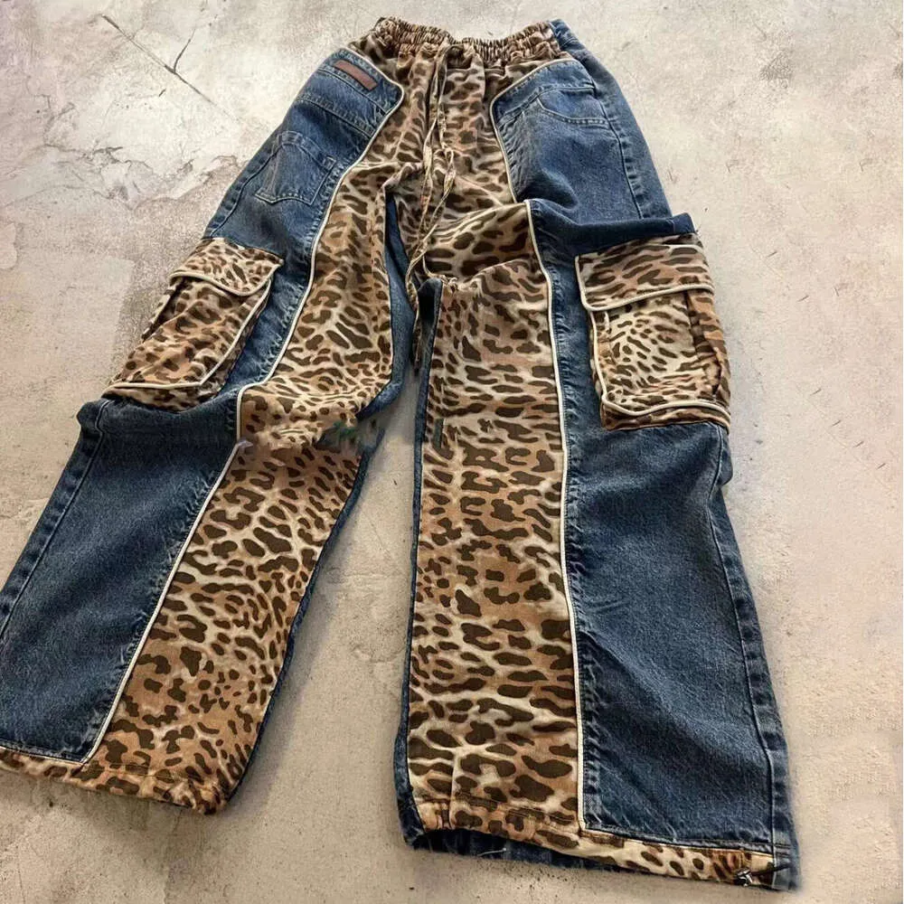 Wide Leg Leopard Print Patchwork Jeans - Low Waist