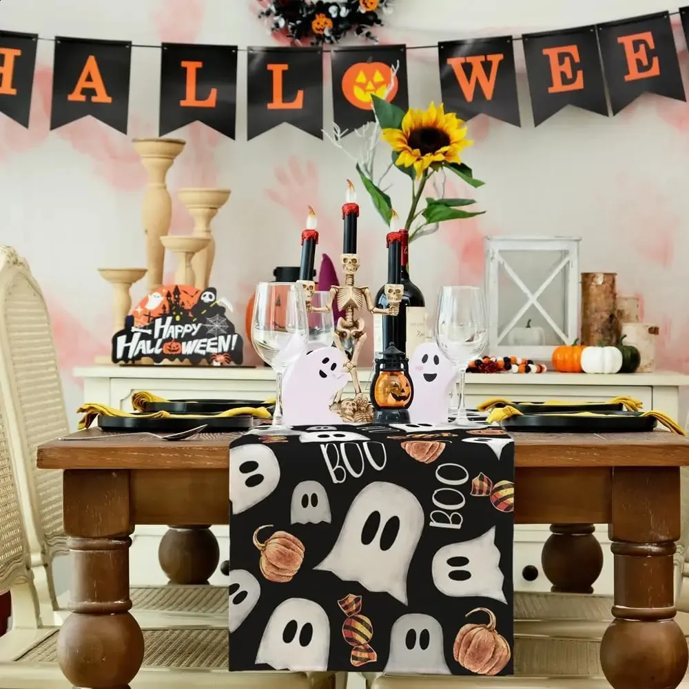 Halloween Table Runner - 13x72 Inch Black Pumpkin Ghost Design, Polyester Fall Holiday Decor For Parties - View #7