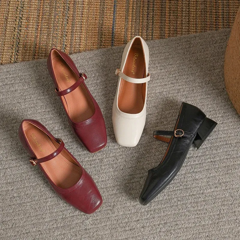 靴 SQUARE MARYJANE 3CM Womens Microfiber Square Toe Mary Jane Shoes with Buckle