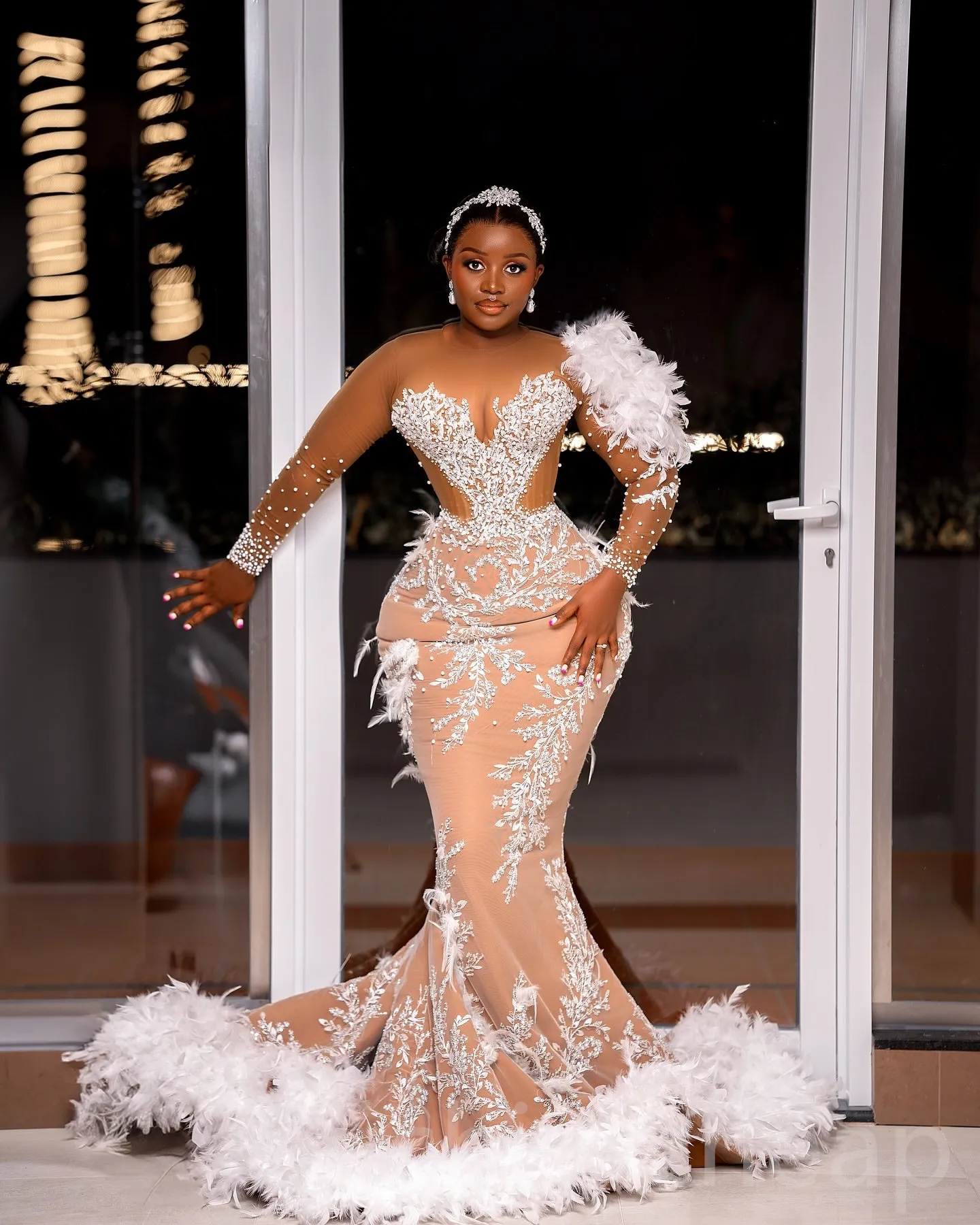 Plus Size White Illusion Classy Mermaid Wedding Dress with Floral Lace, Pearls, and Feather Embellishments - Arabic Aso Ebi Bridal Gown (ZJ056) for