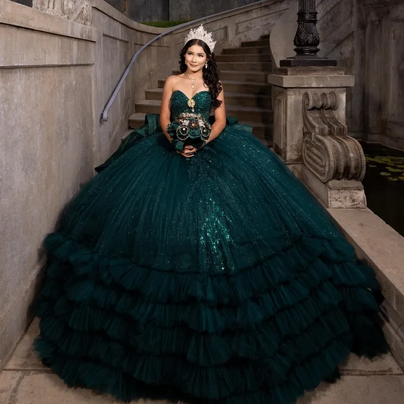 Blackish Green Shiny Quinceanera Dress Off The Shoulder Beads Crystals  Sweep Tulle Tiered Sweetheart Neckline from Dhgate Quinceanera Dresses -  price 331.94
