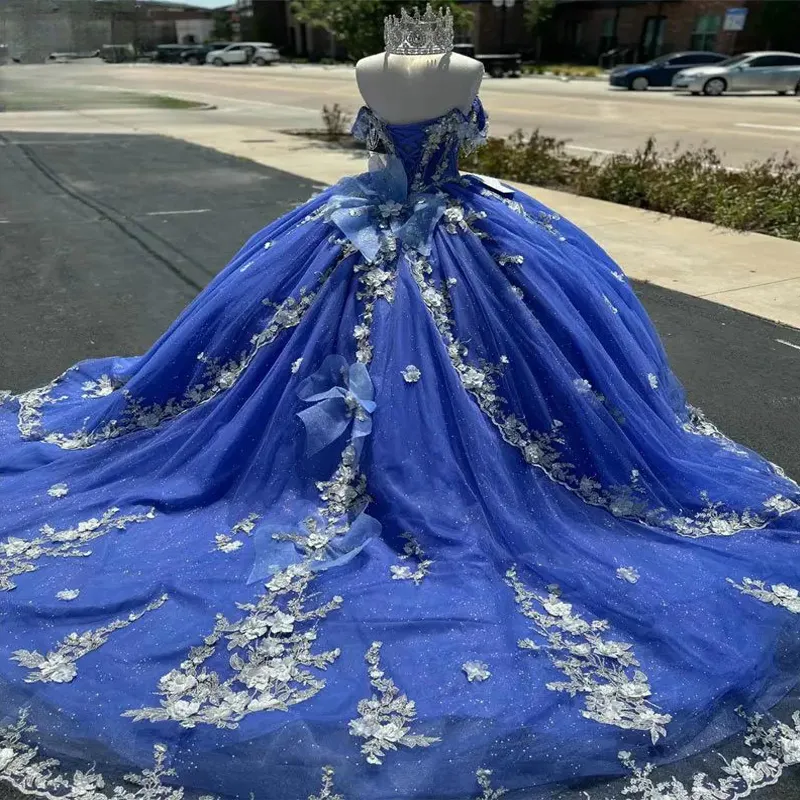 Blue Off Shoulder Dress 15th 3D Floral Formal Birthday Luxury Ball Gown
