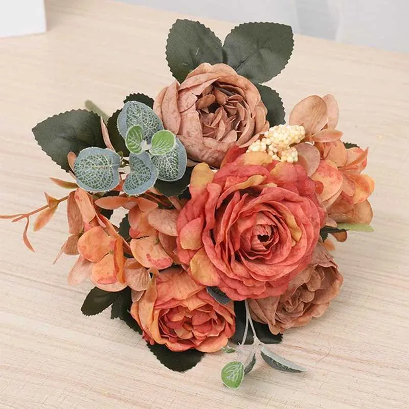 Amaping Artificial Peony Flower Leaf Artificial Flowers Cabbage Rose Roses Flowers Bouquet Vintage Peony Silk Flower For Home Garden Bridal Wedding Party Festival Decor (Orange, One Size