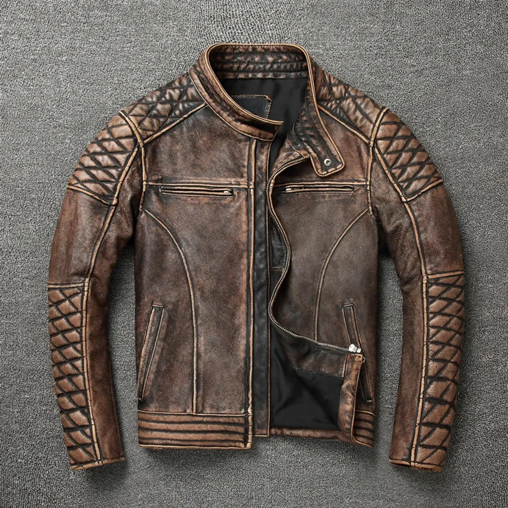 Veste en cuir pour homme, motard 4XL, grandes tailles, coupe ajustée, légère, vintage, rétro, imperméable, coupe-vent, marron, en cuir véritable, souple, veste de moto d'hiver, café, M