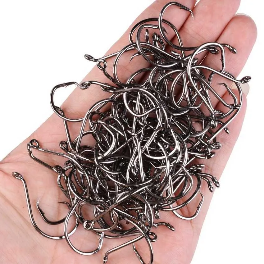 Octopus Fishing Hooks Circle Fishing Jig Hooks Offset- 100Pcs High Carbon Steel Sharp Fish Hooks With Black Nickle Saltwater Fishing Hook Tackle Kit, 12 Sizes