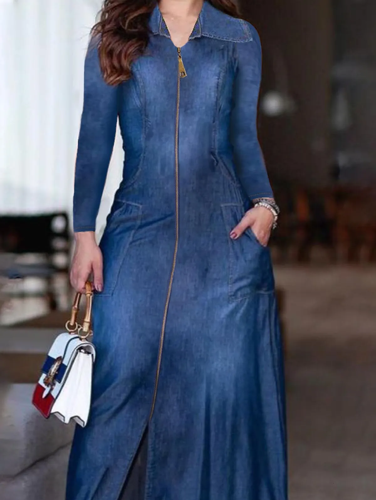 Korean Fashion Long Blue Denim Dress DRESS WANITA DENIM KOREAN