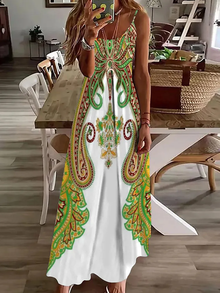knee length dresses for ladies 2026 Spring/Autumn Ethnic Print Maxi Dress – V-Neck, Striped Contrast, –  HER SHOP main image 0