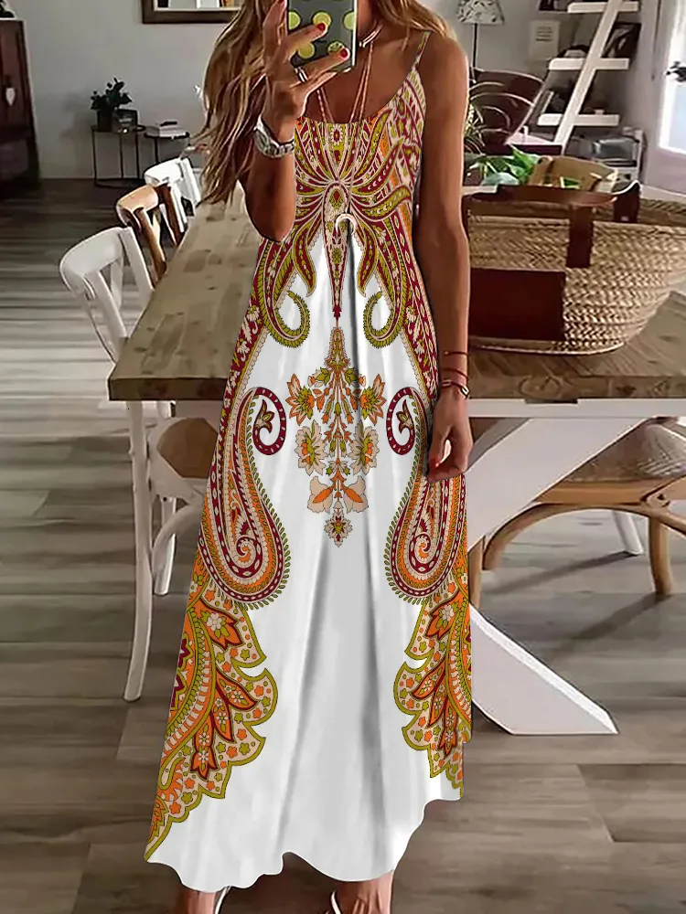 chinese dress ladies 2026 Spring/Autumn Ethnic Print Maxi Dress – V-Neck, Striped Contrast, –  HER SHOP main image 1