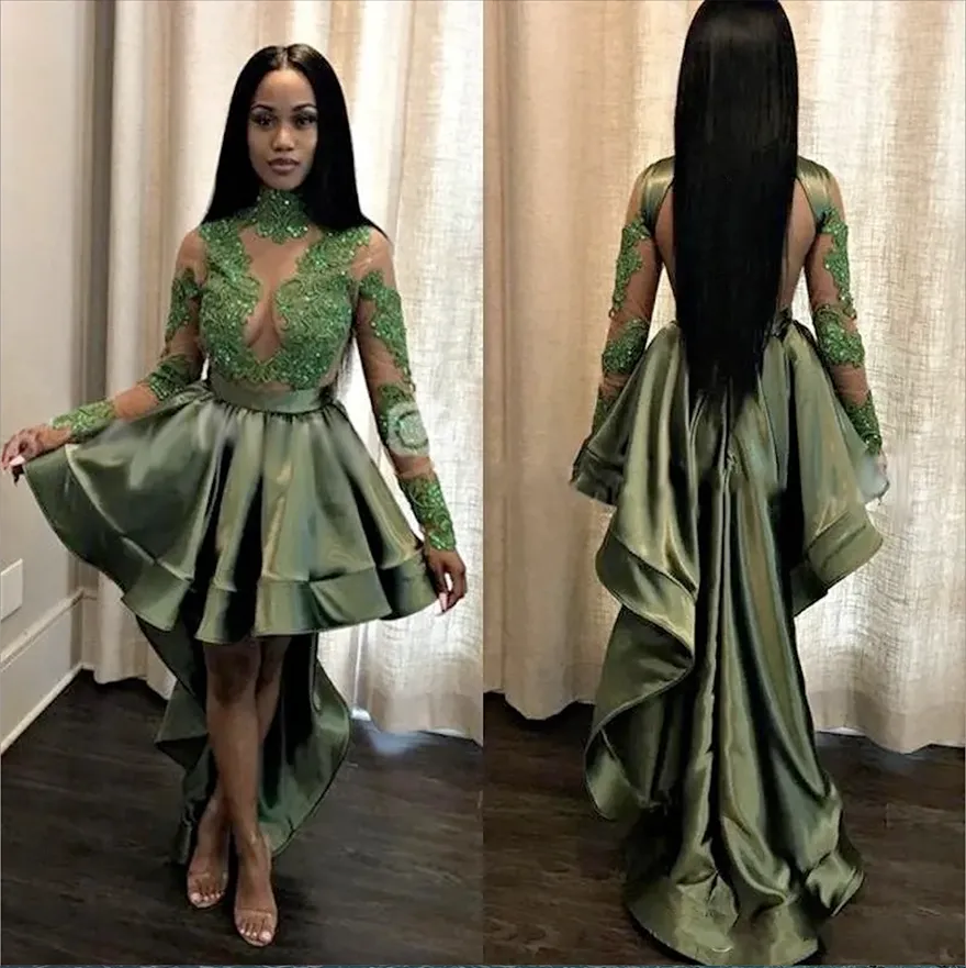 Olive Green High Low Homecoming Dresses 2024 Black Girls Appliques Sequins Sheer Long Sleeve Evening Gowns