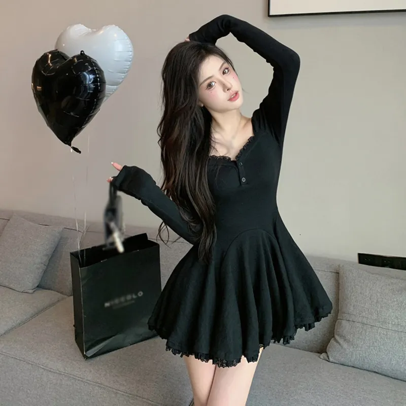 Sleeve Korea Dress Online Korean Style] A-line Long Sleeve Knitted One  Piece Black Dress