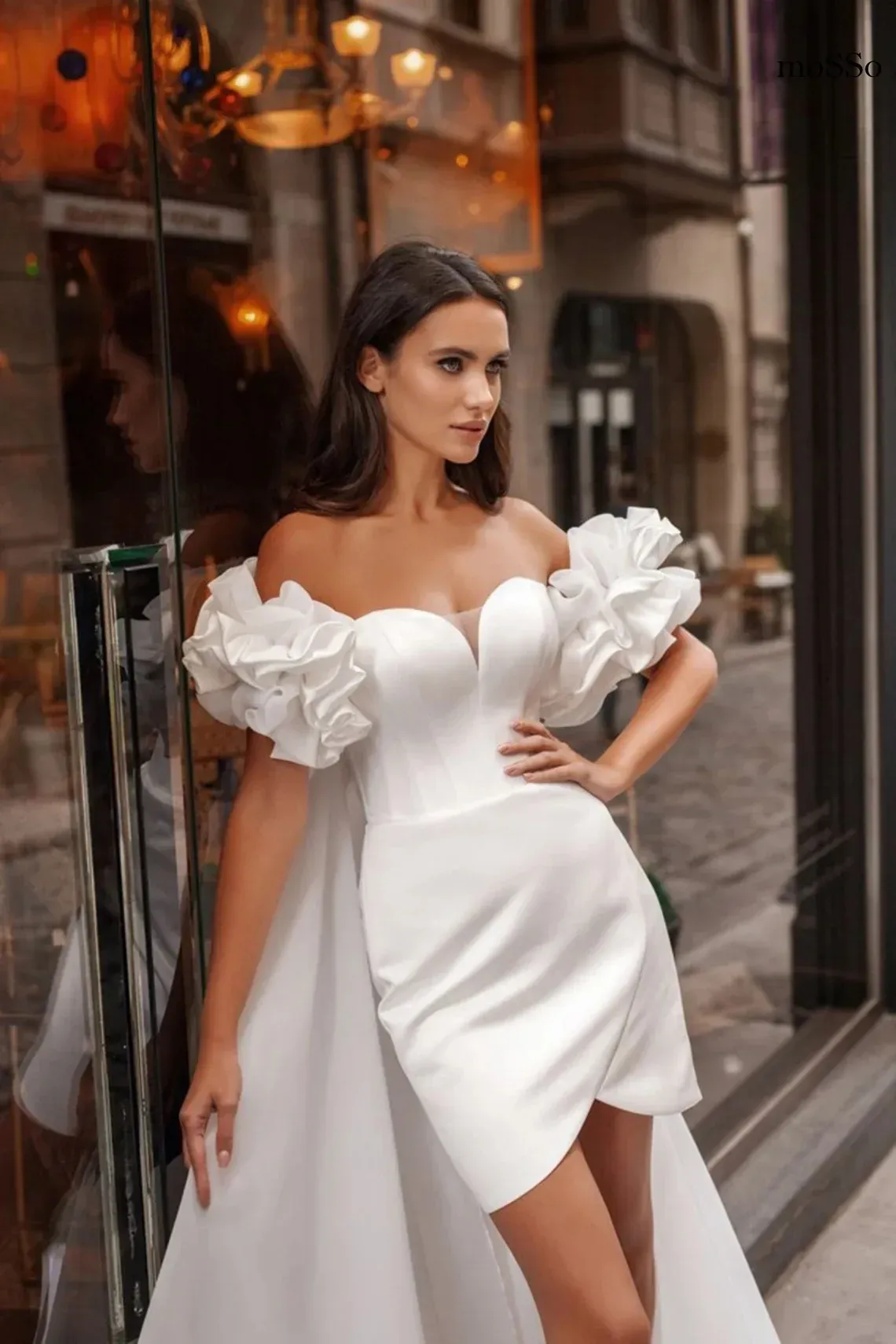 knee length dresses for ladies High Neckline Sparkle Mini Bridal Dress with Removable Train Plus Size Size 18w