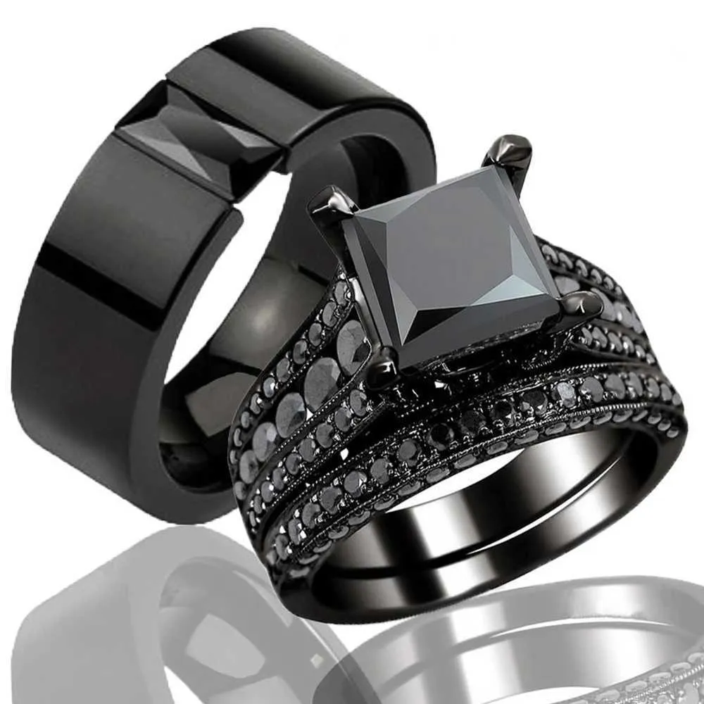 Set De Anillos De Pareja, Anillo De Compromiso De Circón Negro