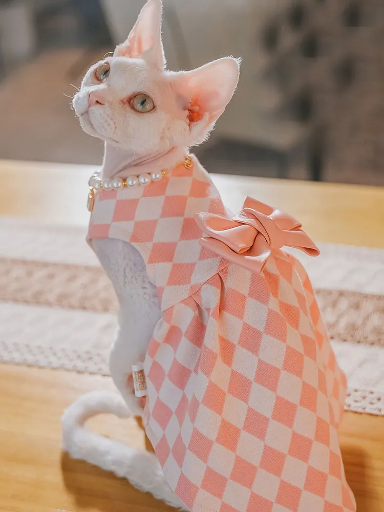 Spring Summer Cute Cat Plaid Skirt Dress with Bowknot for Sphynx Cat Pet  Clothes
