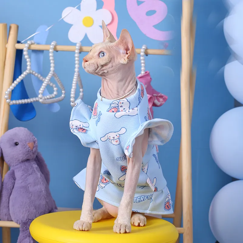 Soft Cotton Blue Rabbit Vest for Sphynx Cats Short Ruffled Sleeves  Jumpsuit for Kittens, Summer Dress for Cats and Dogs