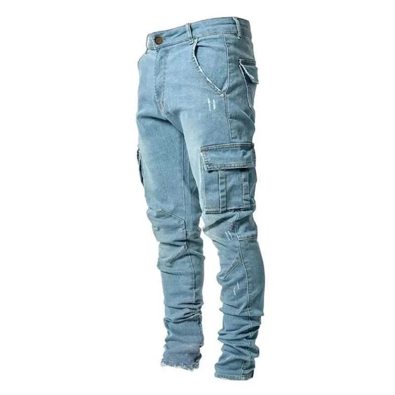 Slim Fit Stretch Denim Cargo Pants: Multi-Pocket Design