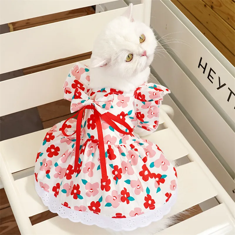Floral Plaid Dresses for Cats and Dogs, Breathable Cat Clothes for
