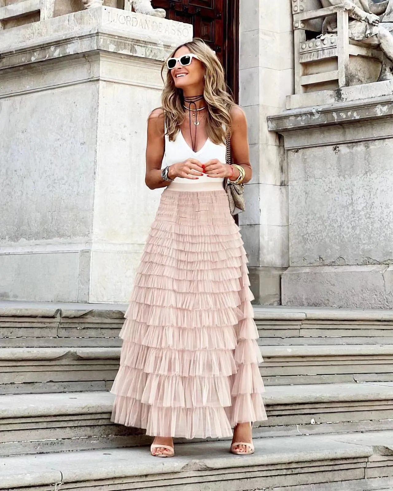 Elegant Women s Midi Skirt in Neutral Beige Light Tan with Multiple Ruffles