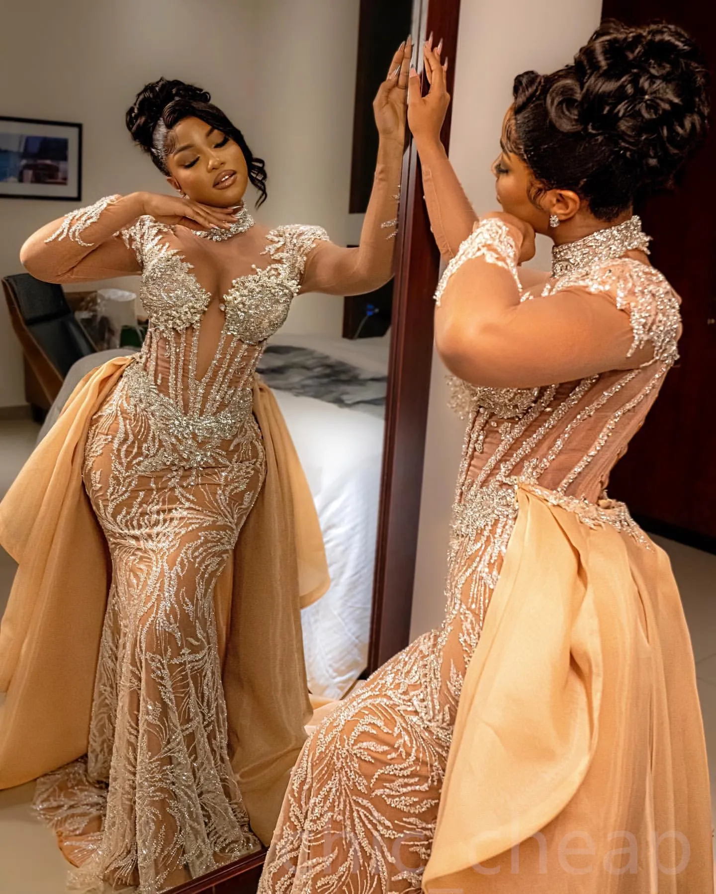 Gold Illusion Mermaid orange sparkly prom dress with Lace, Rhinestones, and Beading for Special Occasions, Evening Formal Parties, Second Reception, Gold Illusion Mermaid orange sparkly prom dress with Lace, Rhinestones, and Beading for Special Occasions, Evening Formal Parties, Second Reception,
