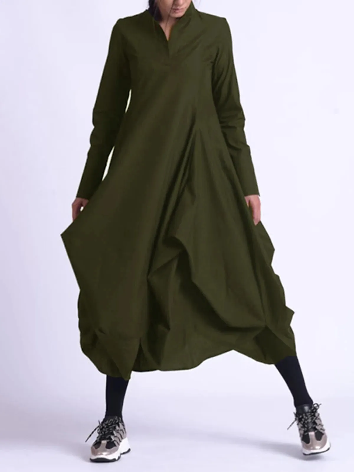 Chinese Style Solid Color A-Line Midi Dress with pa stands for-Up Collar and Long Sleeves for Women - Elegant and Beautiful Casual Vestitos (240911) Chinese Style Solid Color A-Line Midi Dress with pa stands for-Up Collar and Long Sleeves for Women - Elegant and Beautiful Casual Vestitos (240911)