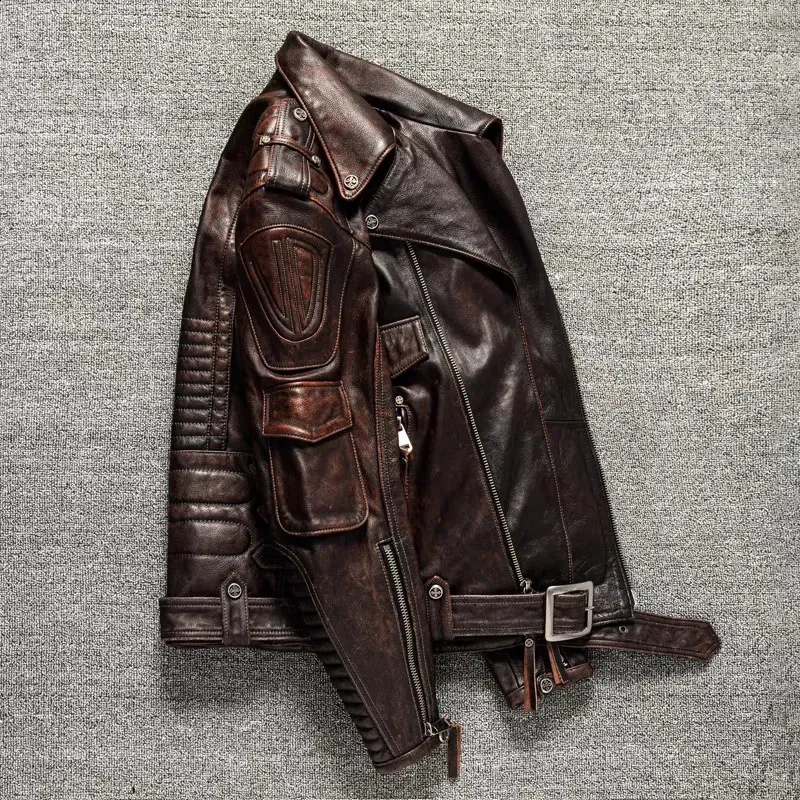 Mens Genuine Leather Motorcycle Jacket - Vintage Retro Moto