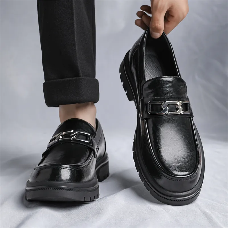 Mens Leather Loafers with Metal Buckle Breathable Thick Sole