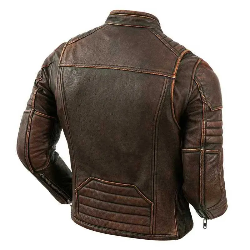 Veste En Cuir Véritable Noir Et Marron Pour Homme - Coupe Slim Fit Rétro - Style Motard Vintage - Neuve Sans étiquettes